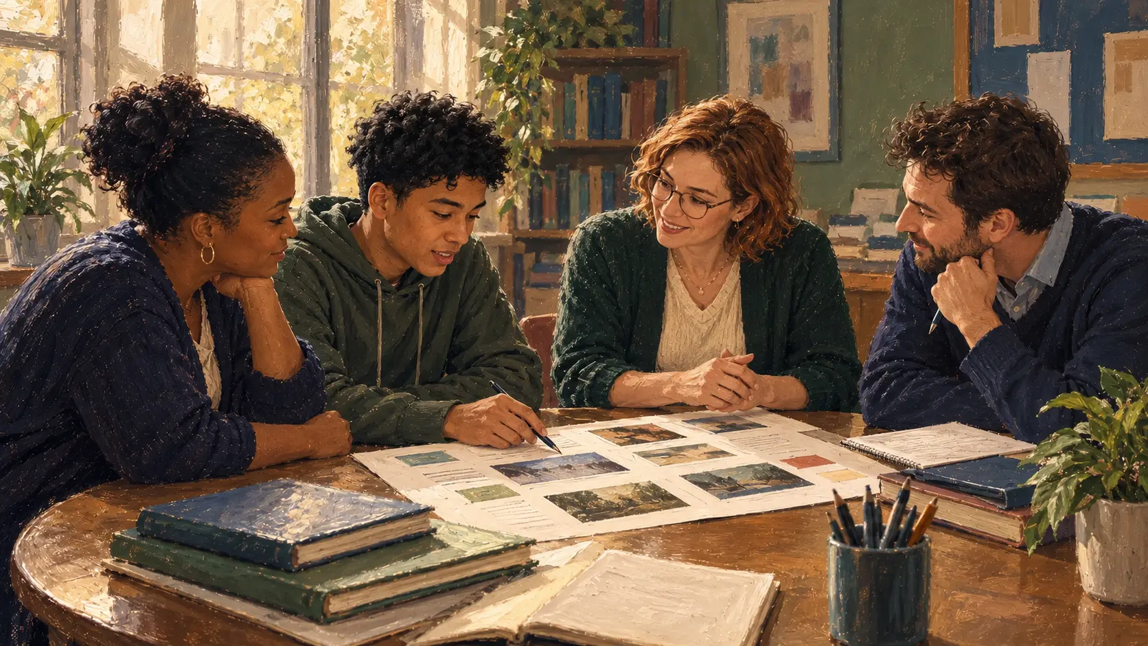 A family and teenager discussing learning progress with a teacher and case manager