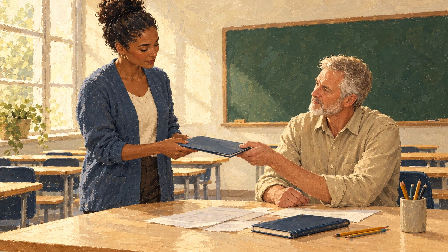 A teacher and instructional coach returning a learning folder during a classroom conversation