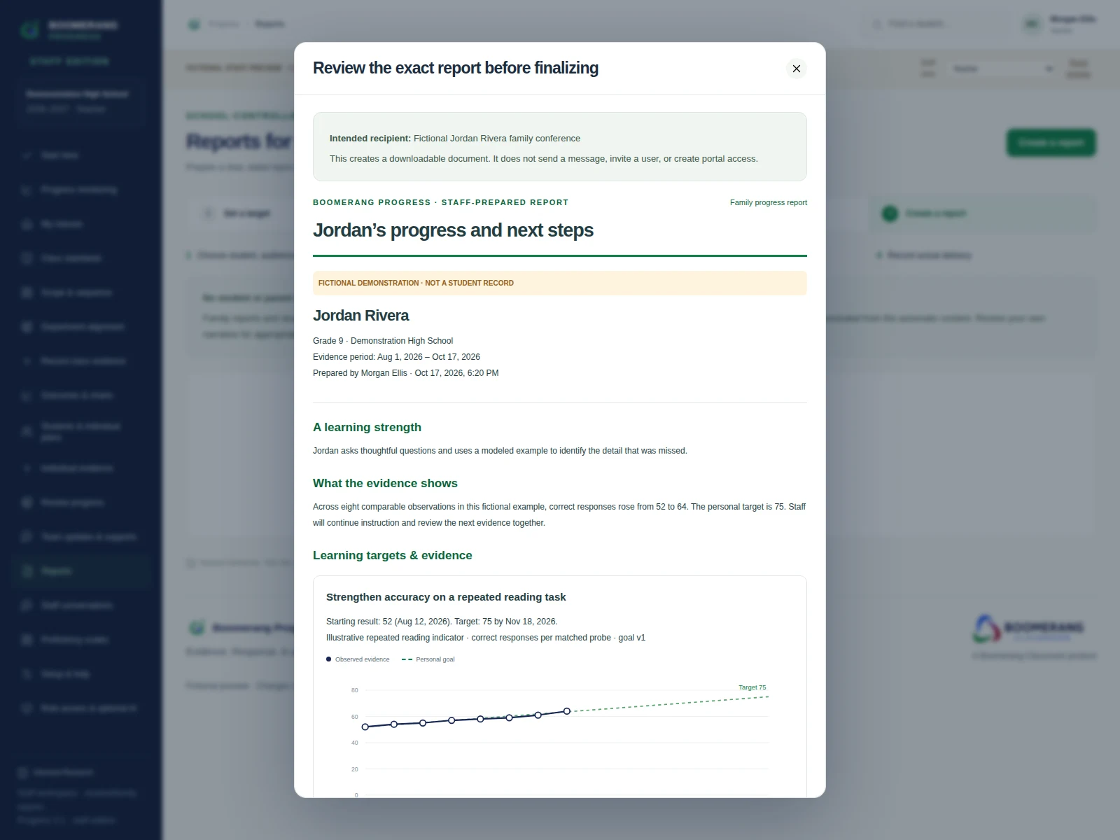 Actual Boomerang Progress staff report-preview screen with a fictional family progress report, selected evidence, and next steps.