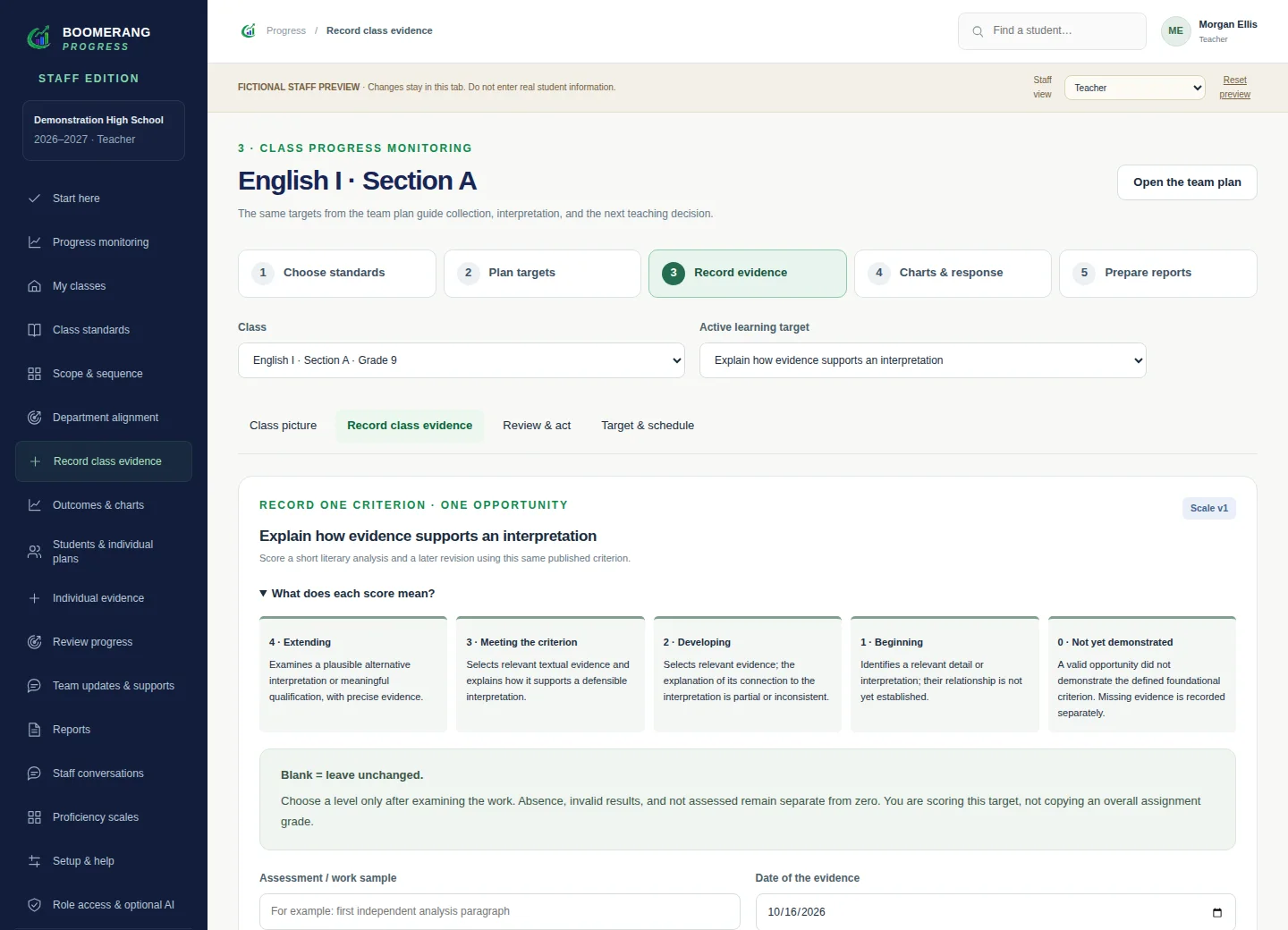 Guided class evidence entry screen in Boomerang Progress, with fictional demonstration information